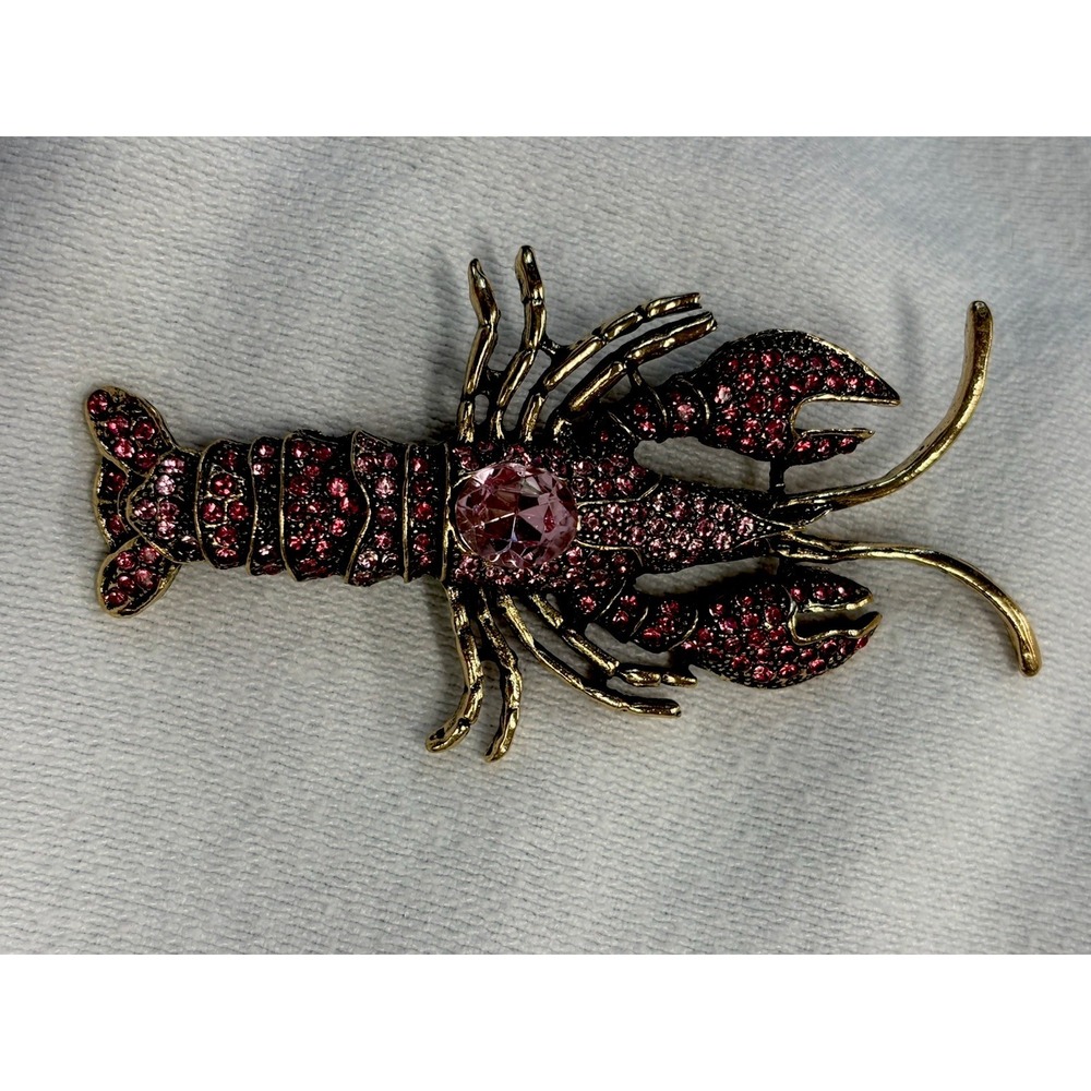 Bold Pink Rhinestone Crystal Lobster Brooch Gold Tone Statement Pin Jewelry